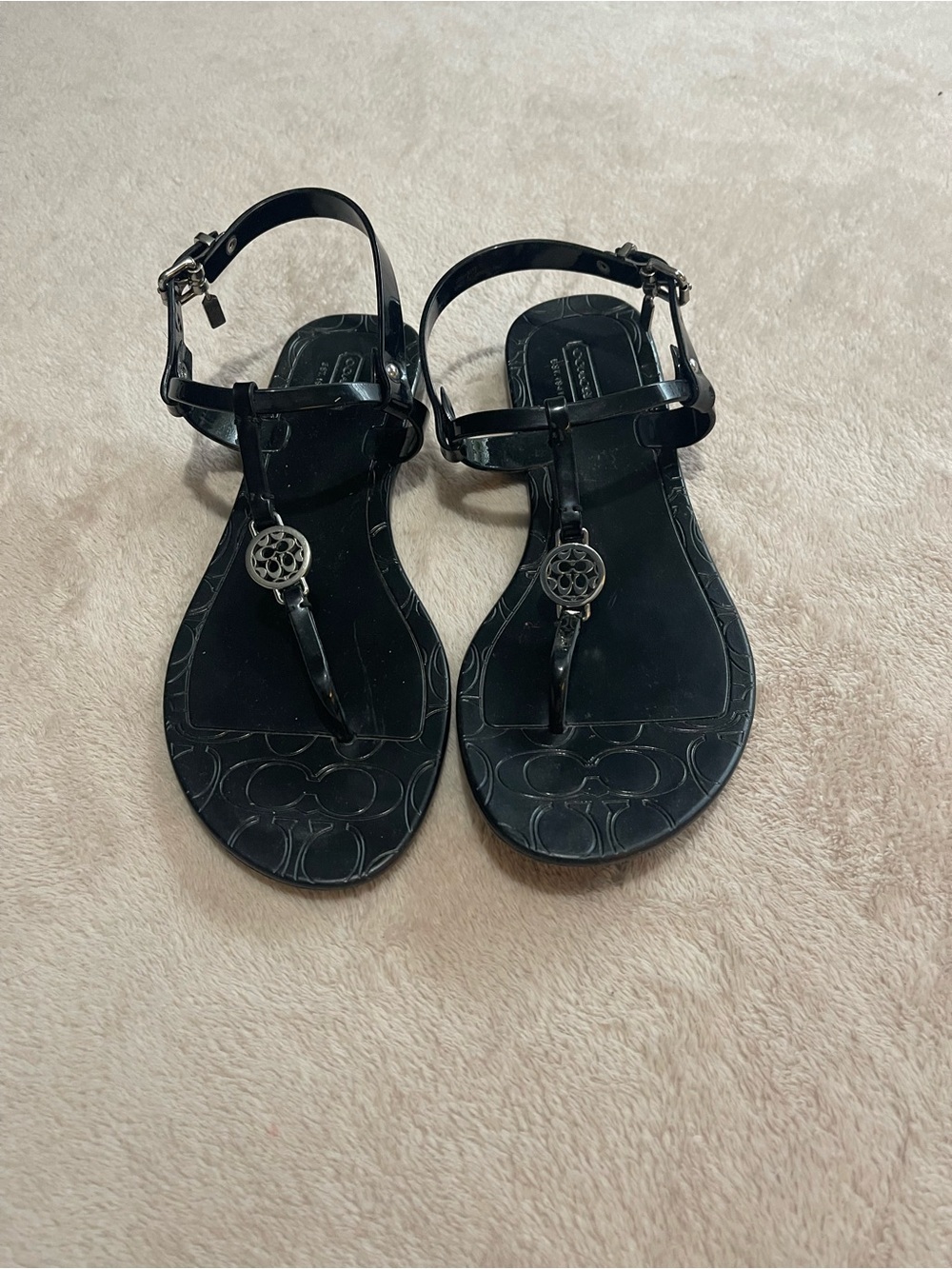 Coach Black T-Strap Jelly Sandals with Signature Medallion